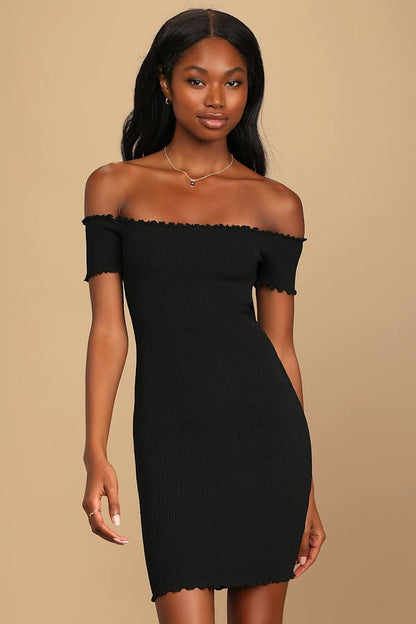 Lulus Growing Bolder Black Ribbed Off-the-Shoulder Bodycon Dress - Medium