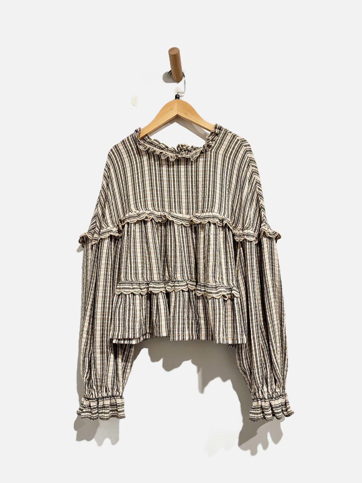Anthropologie Pilcro Tan and Black Stripe Ruffle Blouse - Medium