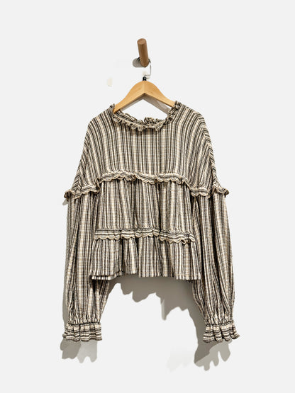 Anthropologie Pilcro Tan and Black Stripe Ruffle Blouse - Medium