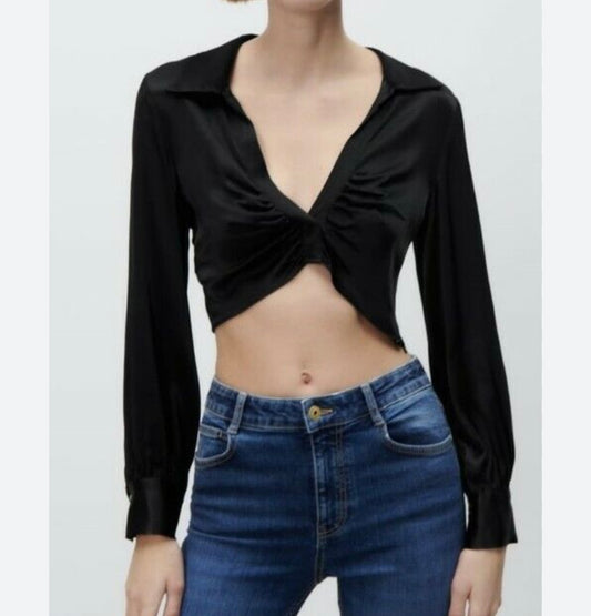 Zara Black Satin Twist Front Crop Blouse - Medium