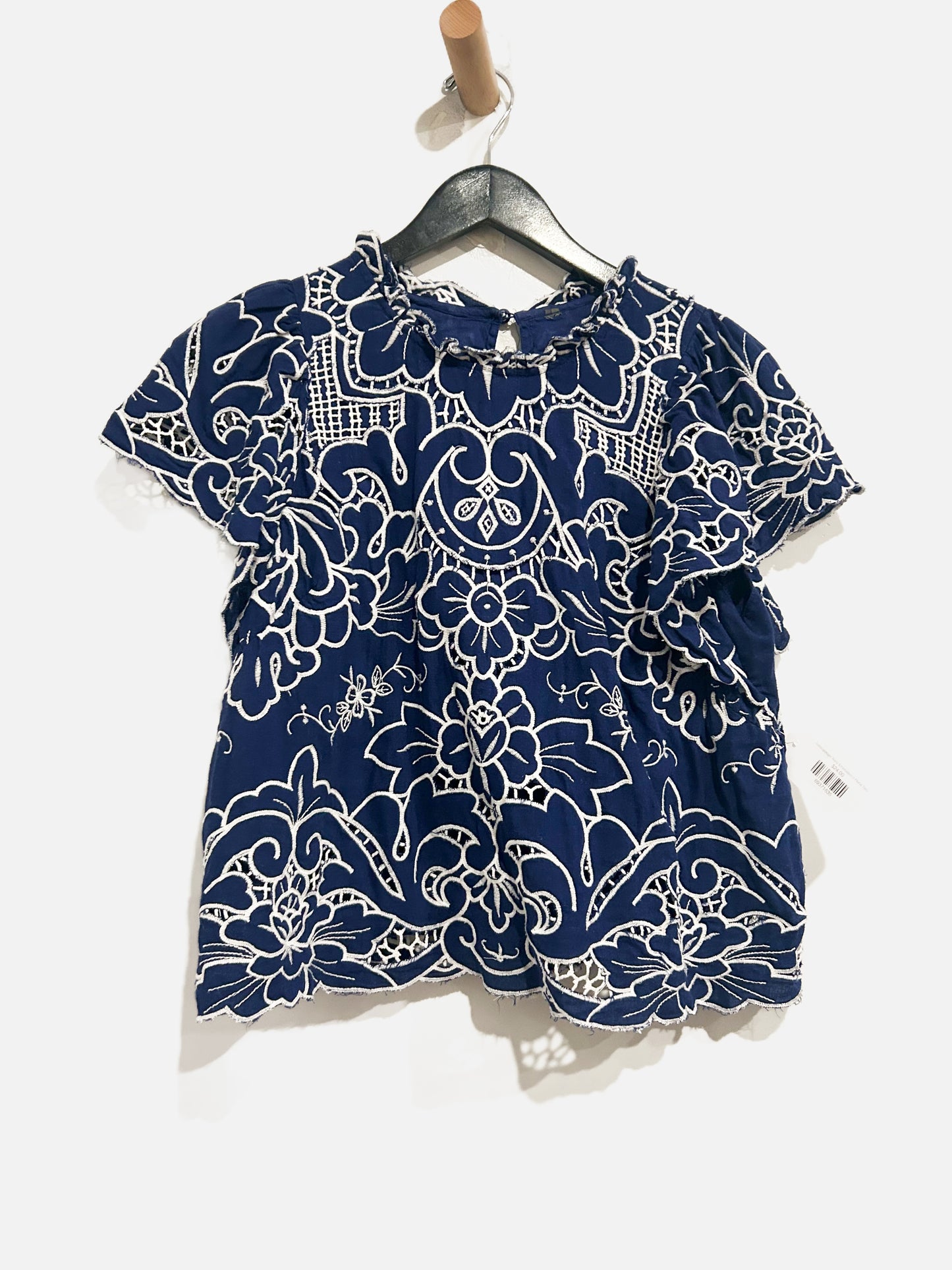 Anthropologie The Lainie High-Neck Lace Cutwork Blouse in Blue Pattern