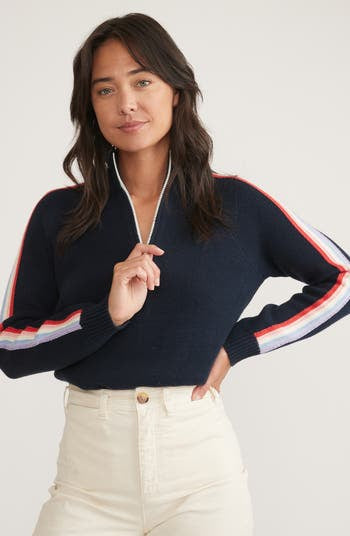 Marine Layer Retro Navy Stripe Quarter Zip Sweater - Small