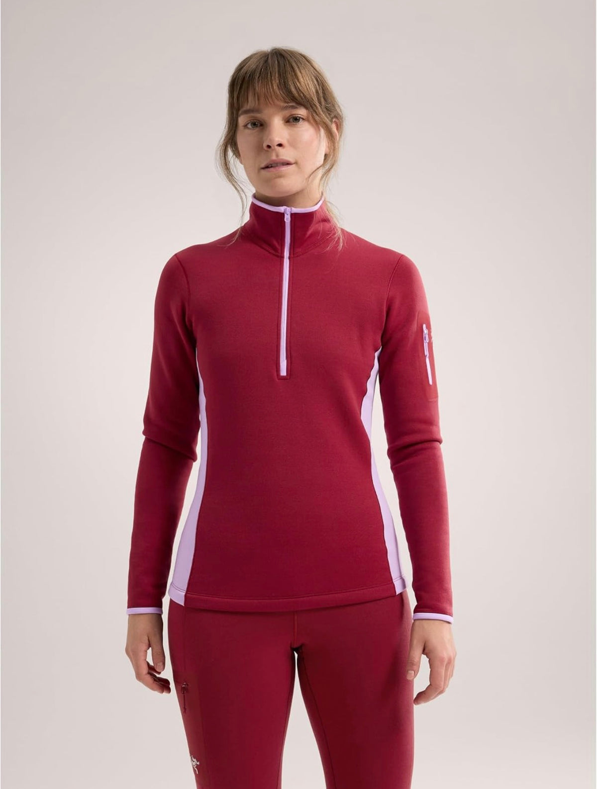 Arcteryx Rho Heavyweight Zip Neck in Bordeaux/Storm Glow