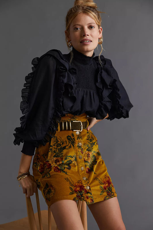 Anthropologie Pilcro Corduroy Yellow Floral Mini Skirt- 14