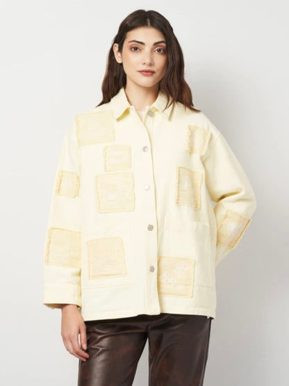 Zara Yellow Embroidered Patch Denim Jacket - XS