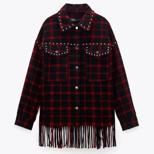 Zara Red Plaid Embellished Shacket - Small