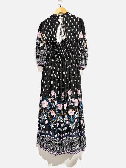 Anthropologie Dasha Black Floral Smocked Maxi Dress - Medium