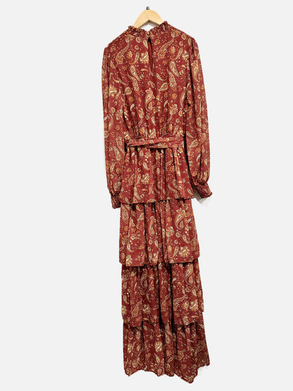 Flying Tomato Maroon and Yellow Paisley Ruffle Tiered Maxi Dress - Medium