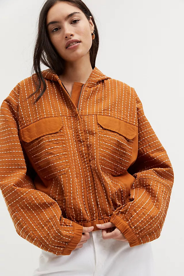 Anthropologie Hooded Contrast Stitch Jacket in Honey - Small