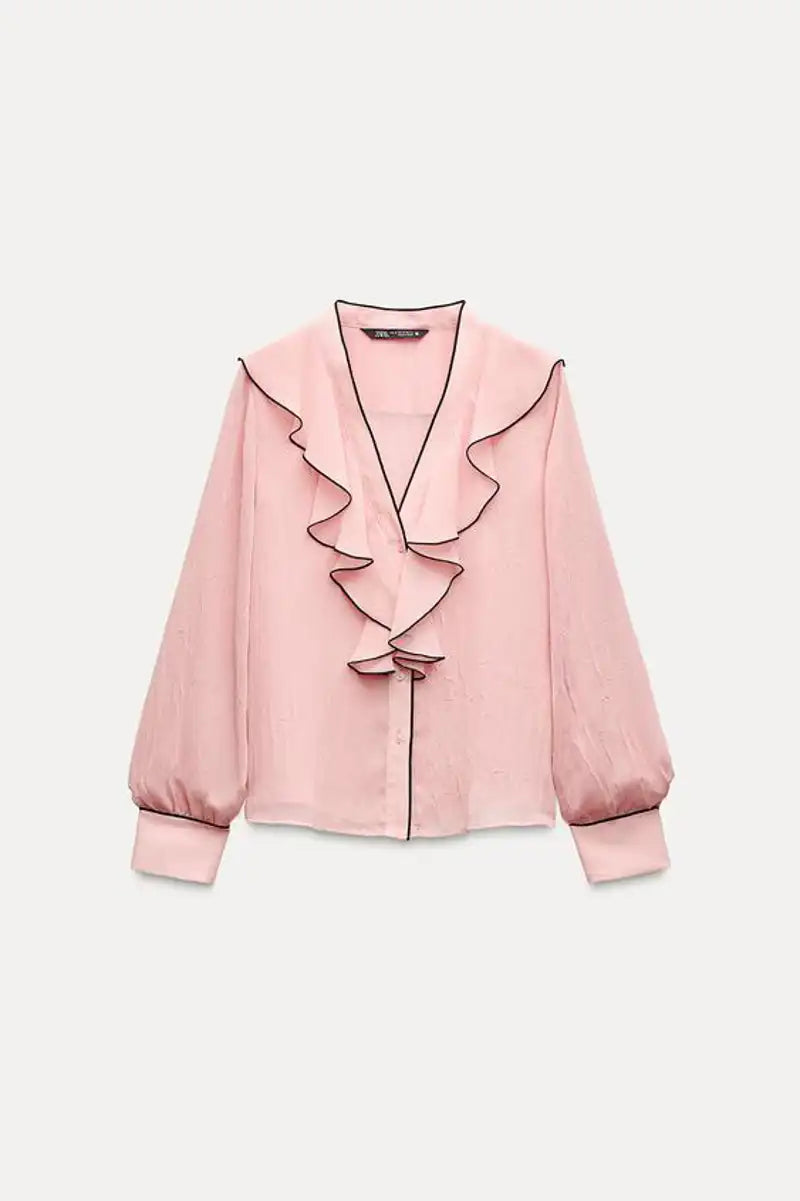 Zara Contrast Piping Ruffled Blouse - Large