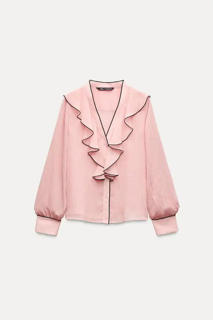 Zara Contrast Piping Ruffled Blouse - Large