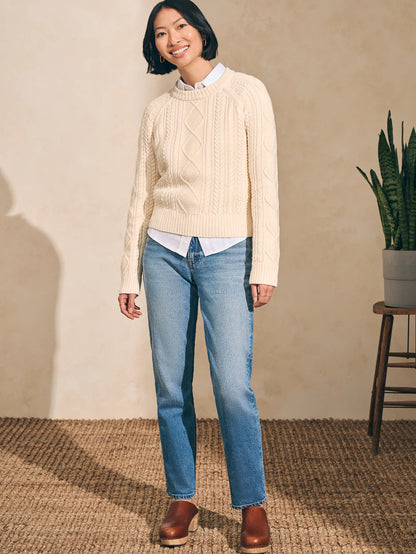 Faherty Sunwashed Cable Crew Sweater in Turtle Dove - XS