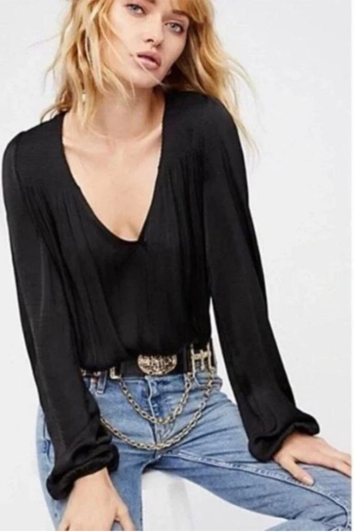 Free People Black V Neck Bodysuit - XS