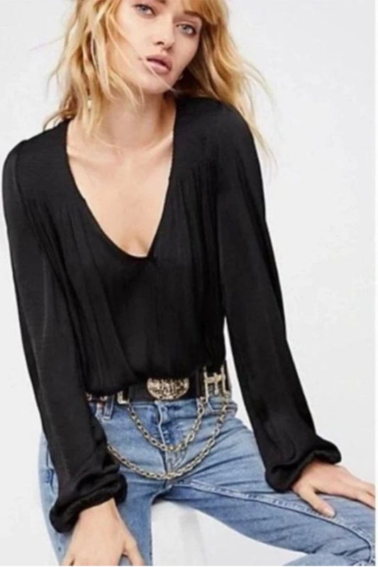 Free People Black V Neck Bodysuit - XS