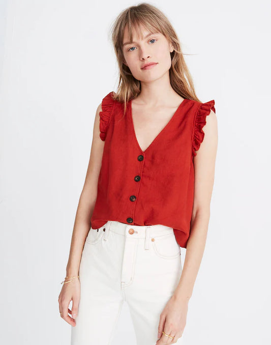 Madewell Linen-Blend Ruffle Button-Front Tank in Etruscan Clay - 4