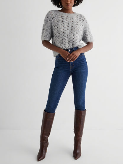 Express Open Stitch Cable Knit Short Sleeve Sweater in Heather Gray - Medium