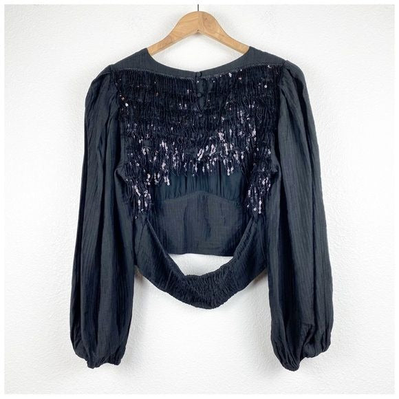 Anthropologie Current Air Black Fringe Sequin Top Size Medium