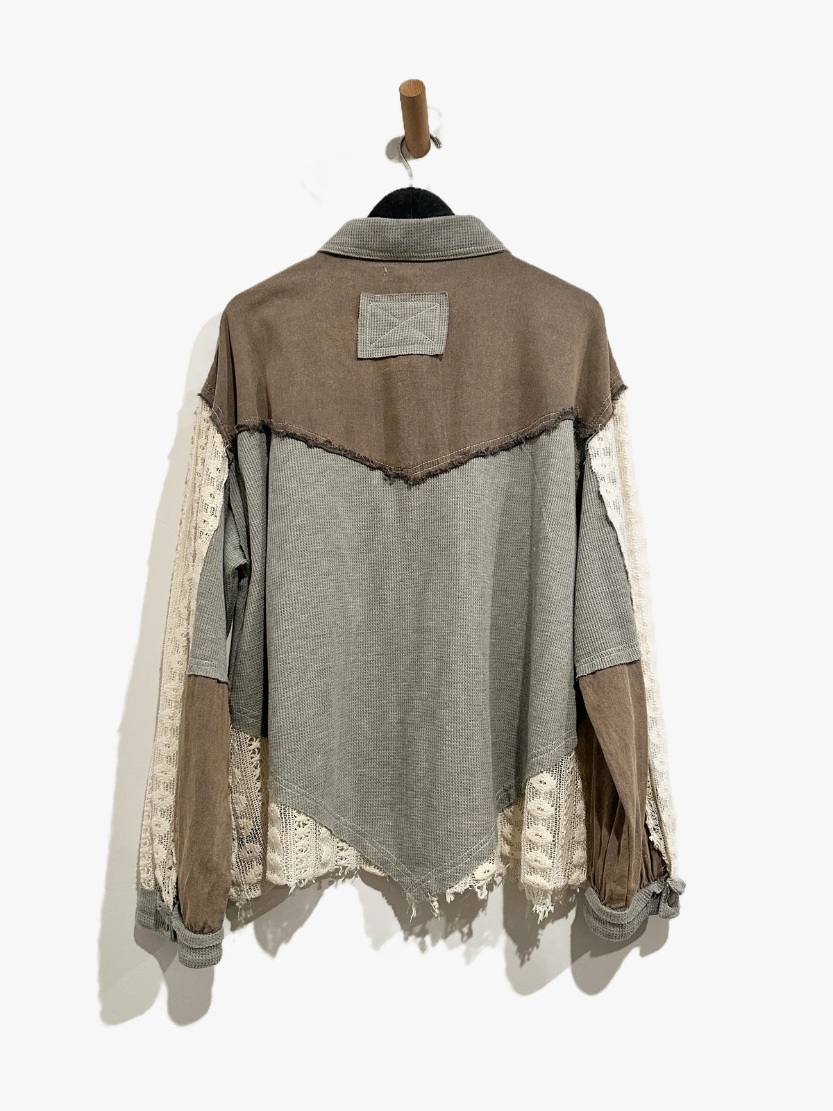 Pol Noah Pieced Crochet Shirt in Dusty Grey - Large