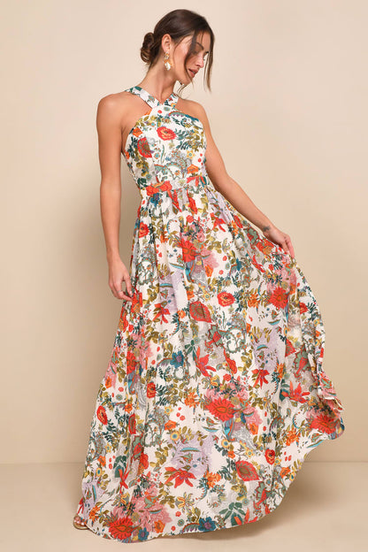 Lulus Lilja Cream Floral Print Maxi Dress - XL