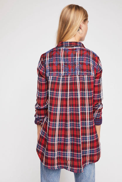Free People Magical Plaid Buttondown Top in Red Combo - Small