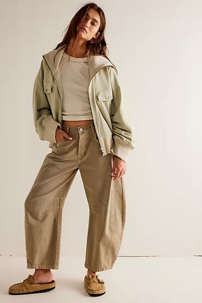 Free People Good Luck Mid Rise Barrel Leg Jeans in Khaki Taupe - 32