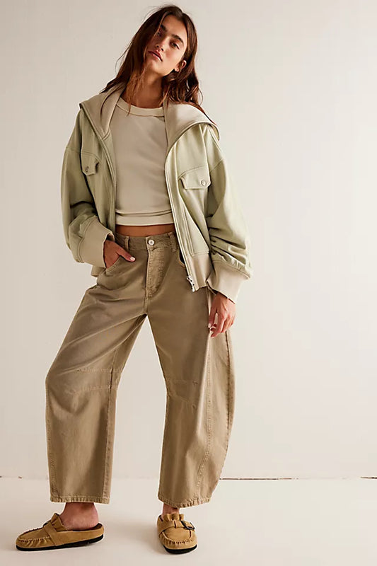 Free People Good Luck Mid Rise Barrel Leg Jeans in Khaki Taupe - 32