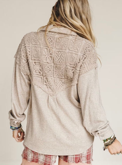 Davi & Dani Brown Crochet Insert Shacket - Large