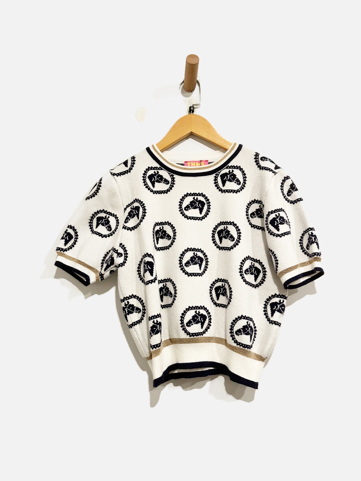 THML White and Navy Horse SS Sweater - Medium