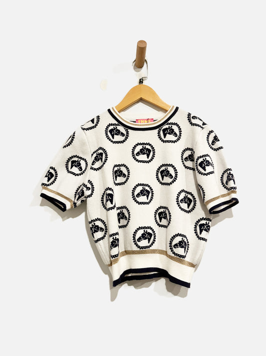 THML White and Navy Horse SS Sweater - Medium