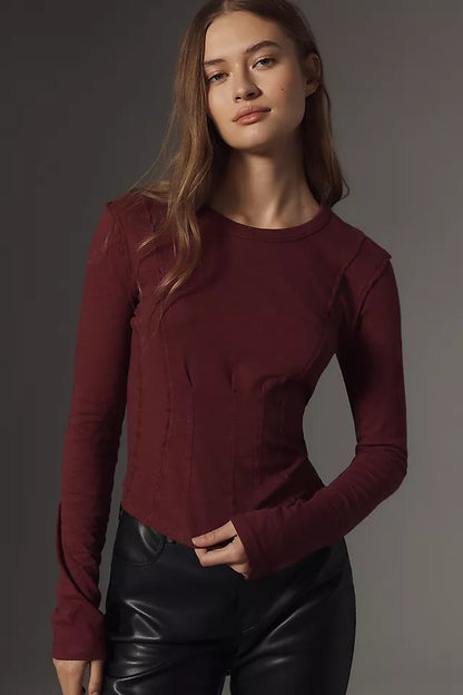 Anthropologie Maroon Seamed LS Top - Small