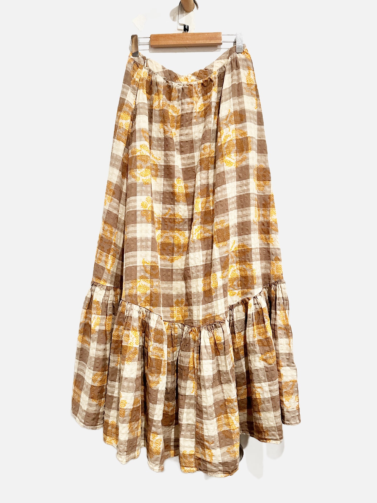 Urban Outfitters Cream & Brown Checkered Ruffle Bottom - Small