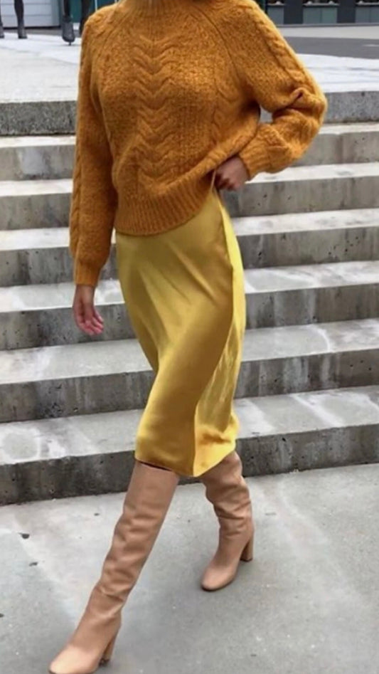 Aritzia Sunday Best Yellow Mock Neck Cable Knit Sweater-XXS