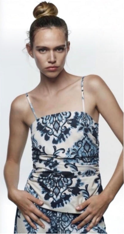 NWT Zara Blue Damask Print Ruched Tank - XS