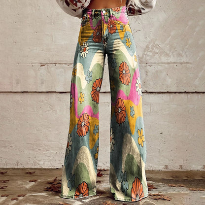 Colorful Floral Wide Leg Jeans - XS