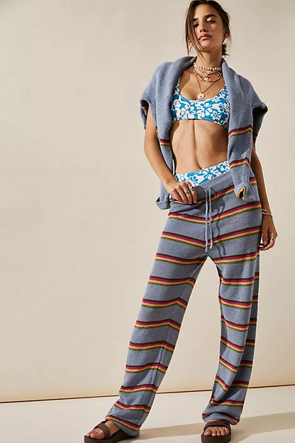 Free People Beach Mariner Striped Knit Pants in Lagoon Combo - XS