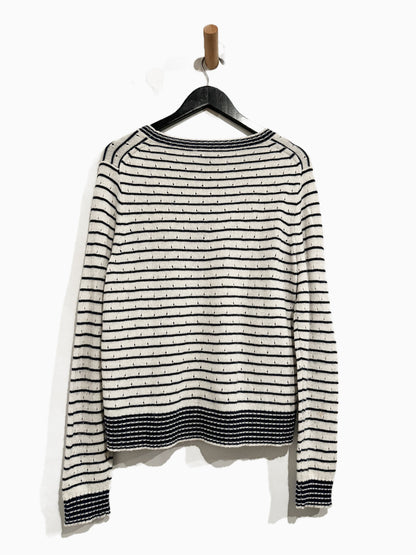J.Crew White & Navy Stripe Pointelle Crewneck Sweater - Large