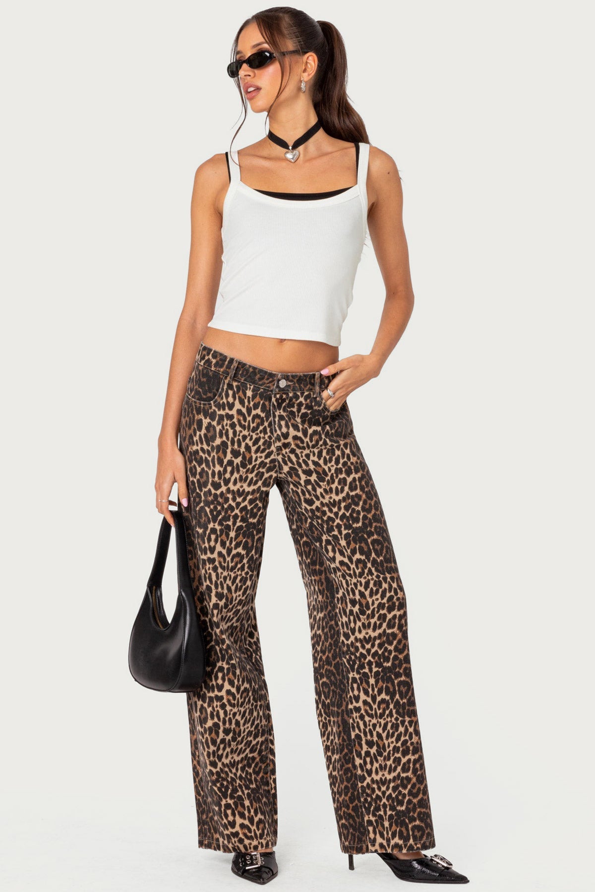 Edikted Leopard Printed Low Rise Baggy Jeans - Medium