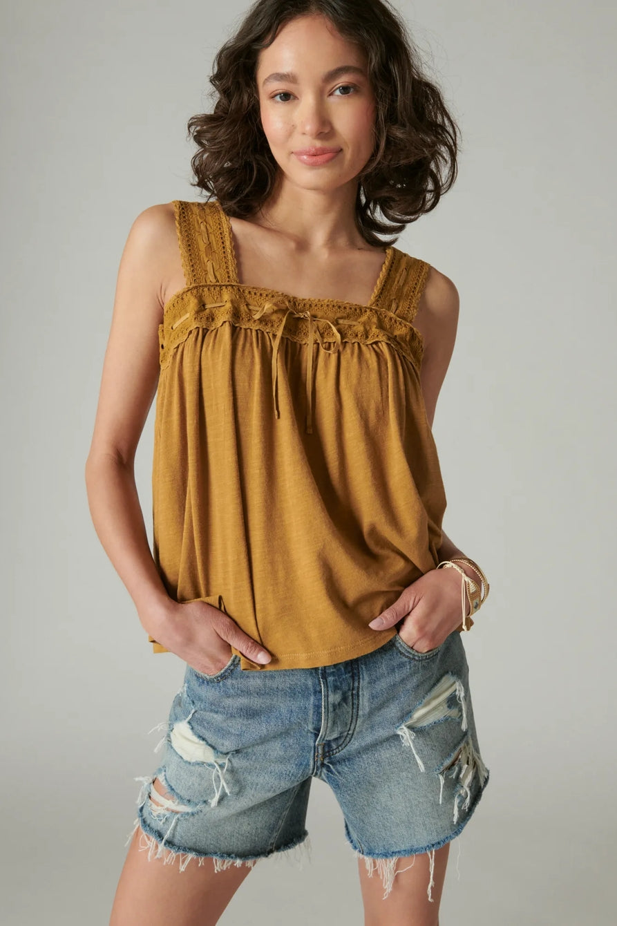 NWT Lucky Brand Square Neck Lace Tank in Tapenade - XL