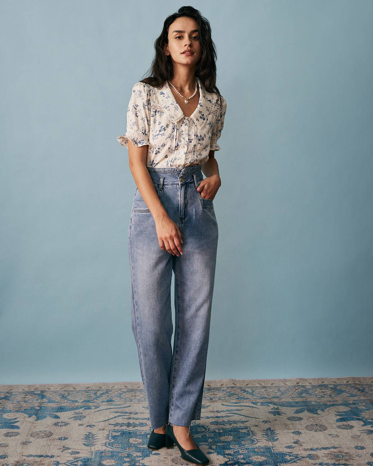 Rihoas Lace Spliced Pleated Floral Shirt - XS