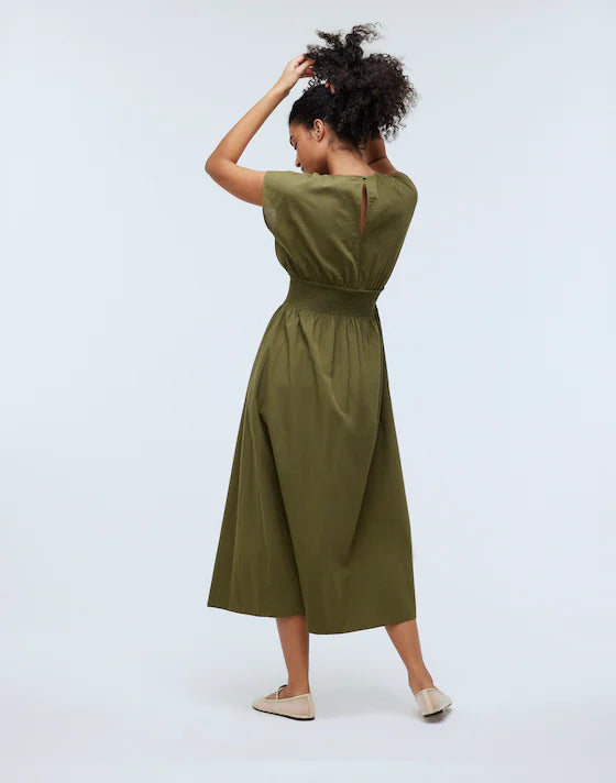 Madewell Smocked-Waist Midi Dress in Stripe Seersucker Desert Olive - XXS