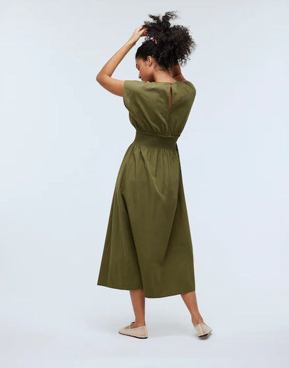 Madewell Smocked-Waist Midi Dress in Stripe Seersucker Desert Olive - XXS