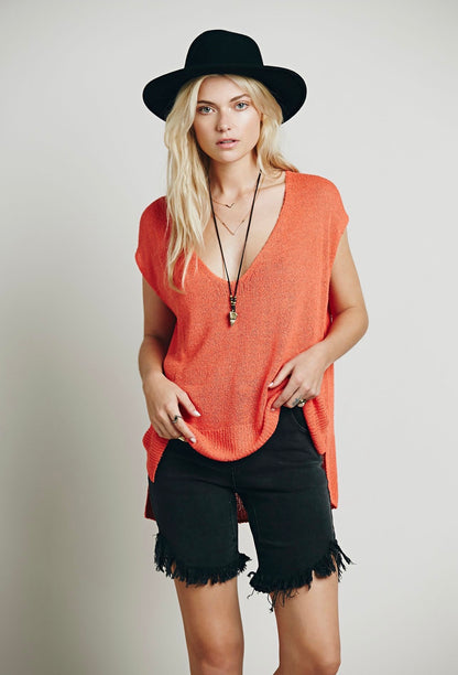 Free People Easy Tea V-Neck Sweater in Persimmon - Medium