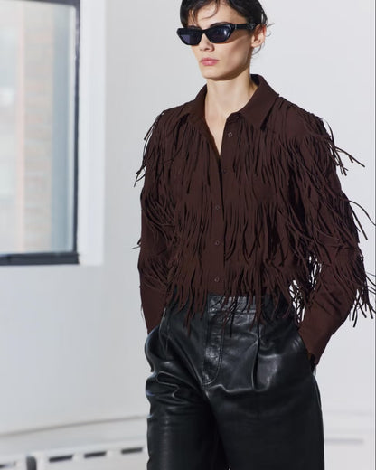 Zara NWT Brown Fringe Button Down - Medium