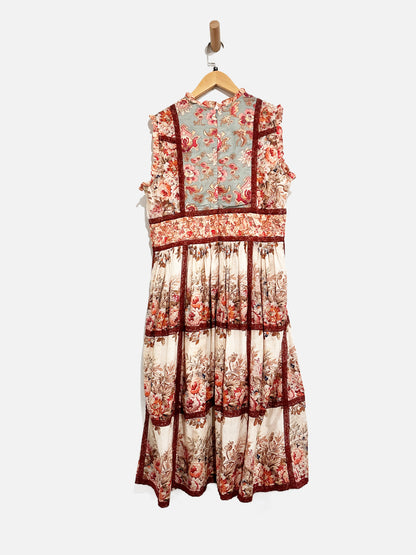 Sundance Brown Floral Lace Trim Dress - Medium