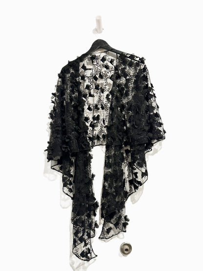 Tahari NWT Black Appliqué Embroidered Shawl - 0S