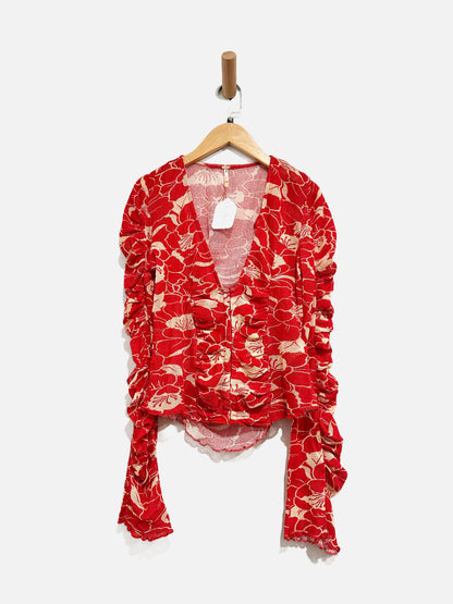 Free People Through the Meadow Red Floral Rushed Top - XS