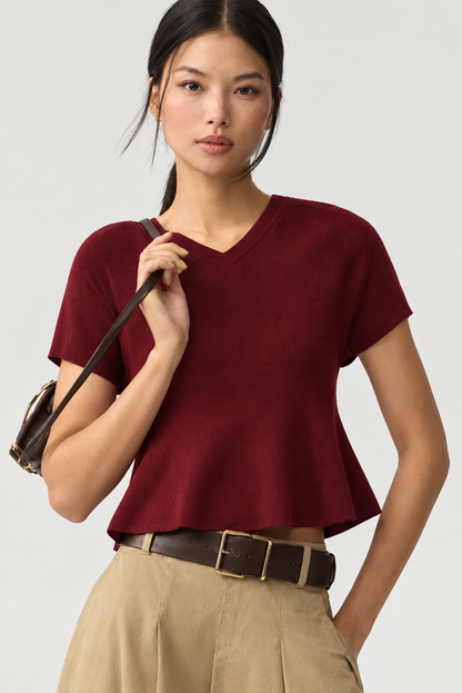 Anthropologie Maeve Short-Sleeve High-Neck Hourglass Ruffle Sweater in Wine - XL
