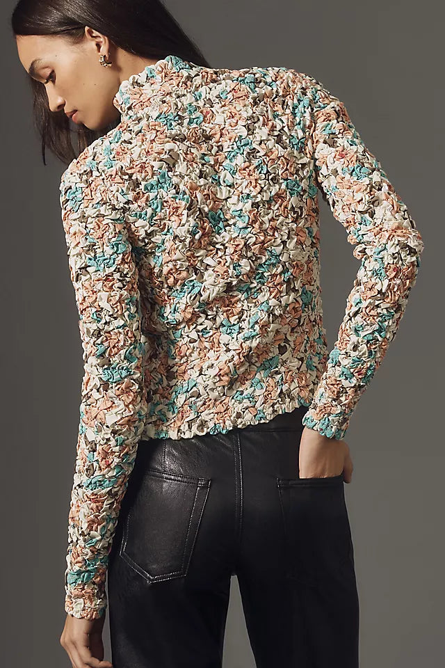 Anthropologie Dolan Left Coast Printed Pebble-Smocked Turtleneck Top - Large