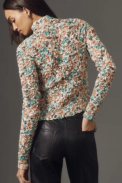 Anthropologie Dolan Left Coast Printed Pebble-Smocked Turtleneck Top - Large