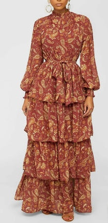 Flying Tomato Maroon and Yellow Paisley Ruffle Tiered Maxi Dress - Medium
